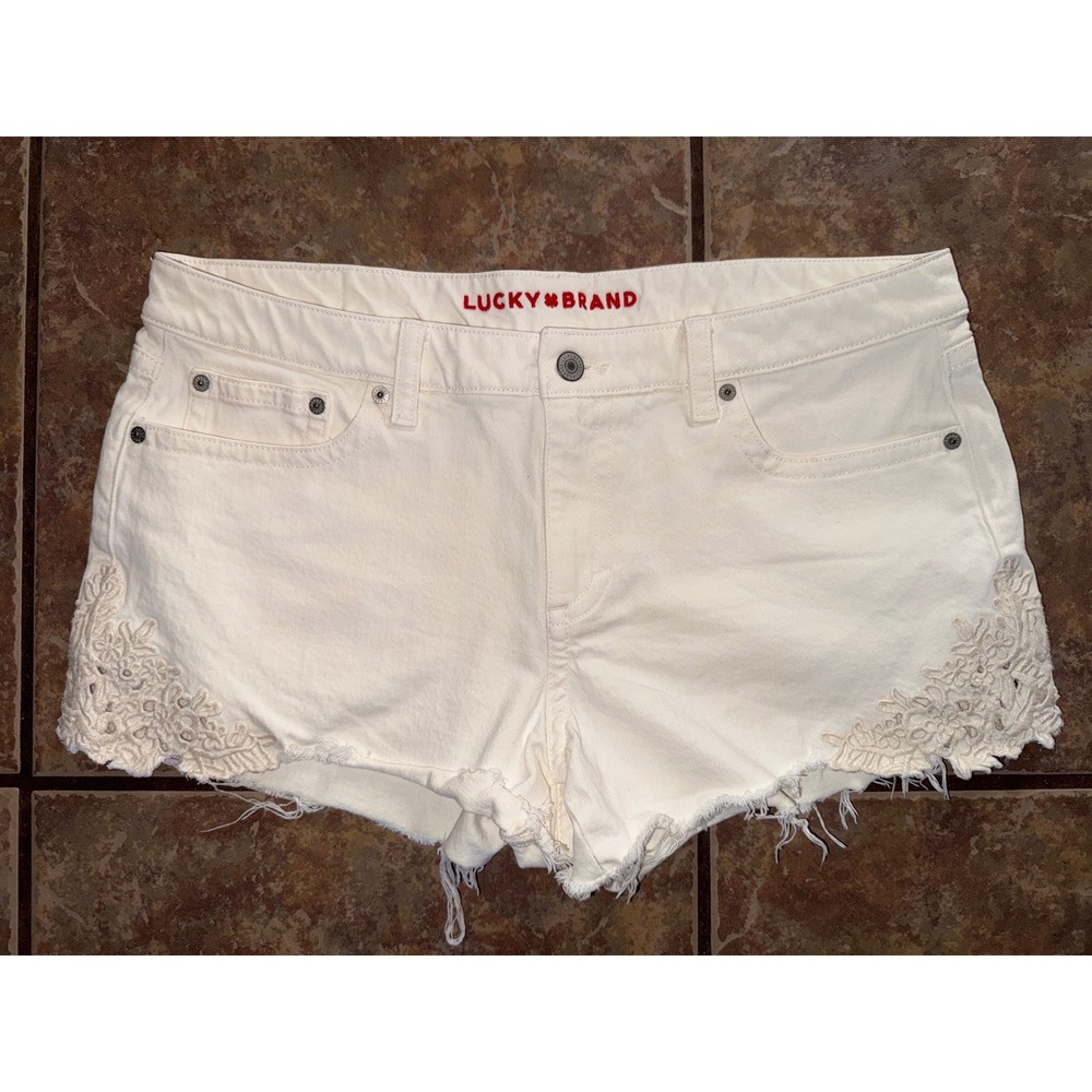 Lucky Brand Low Rise 3 Festival Short White Lace Crochet Denim Cut Offs 14/32